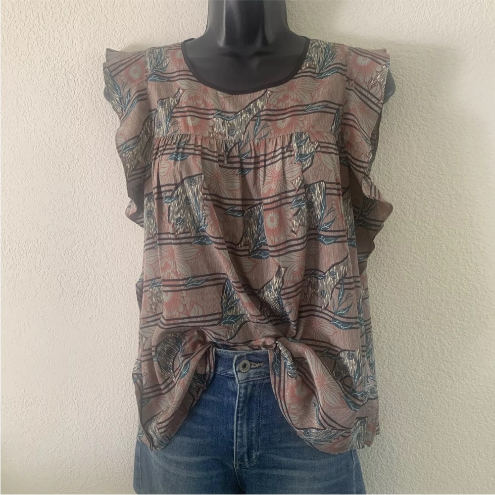 COTELAC Top Sz 0 Garden Print Ruffle Sleeve French Abstract Art to Wear Coquette